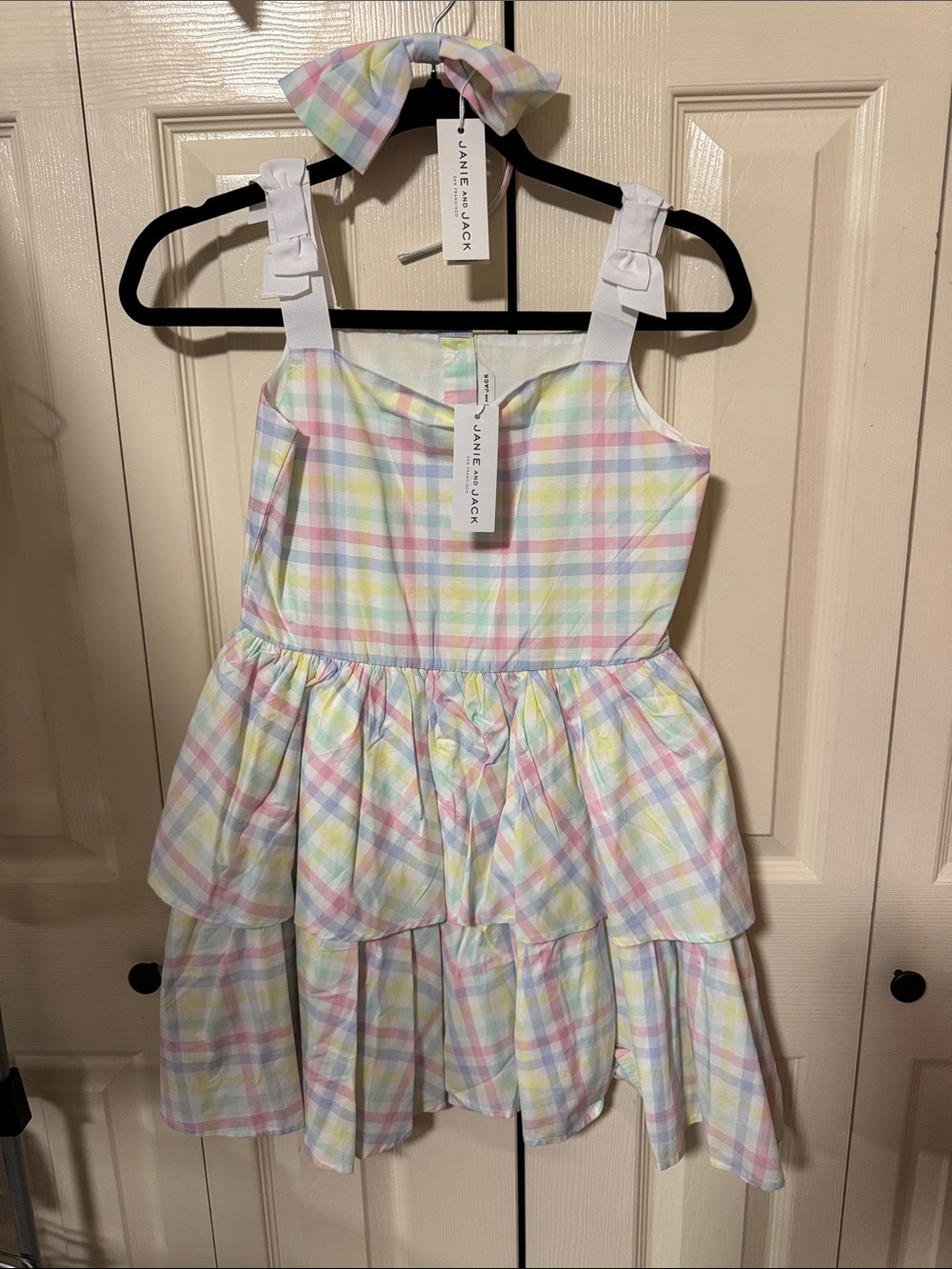 Janie and Jack Pastel Plaid Tiered Dress with Bow Headband